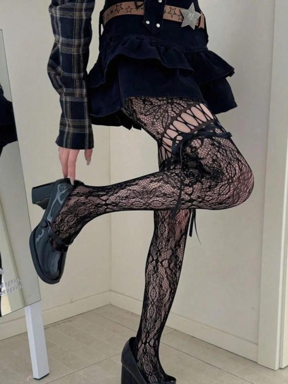Black Lace Patterned Sheer Tights with Side Ribbon Detail